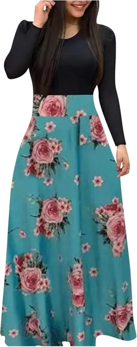 Long Sleeve Maxi Dress for Women 2024 Spring Summer Boho Floral Print Plus Size Floor Length Dress Casual Long Sundresses