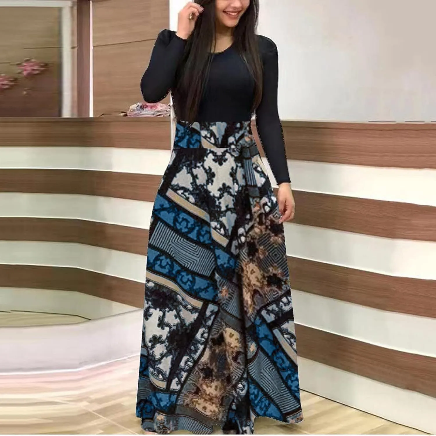 Long Sleeve Maxi Dress for Women 2024 Spring Summer Boho Floral Print Plus Size Floor Length Dress Casual Long Sundresses