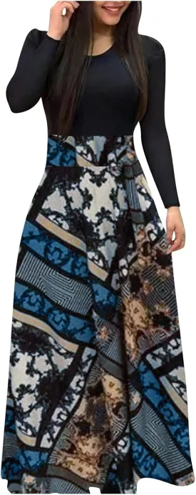 Long Sleeve Maxi Dress for Women 2024 Spring Summer Boho Floral Print Plus Size Floor Length Dress Casual Long Sundresses