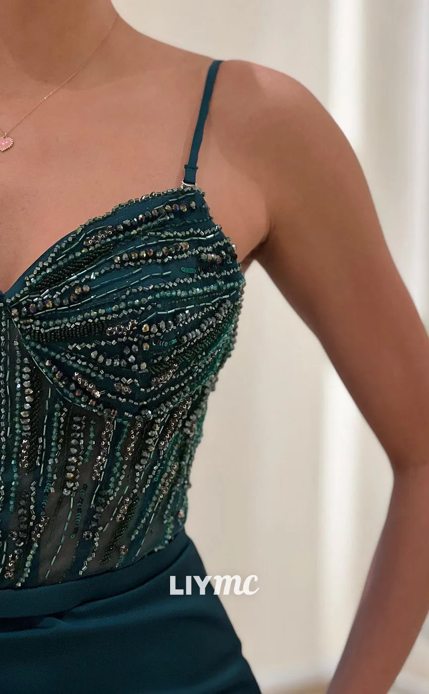 LP1848 - Sweetheart Spaghetti Straps Sleeveless Beaded Pleated Ruched Sleek Satin Prom Dress with Side Slit