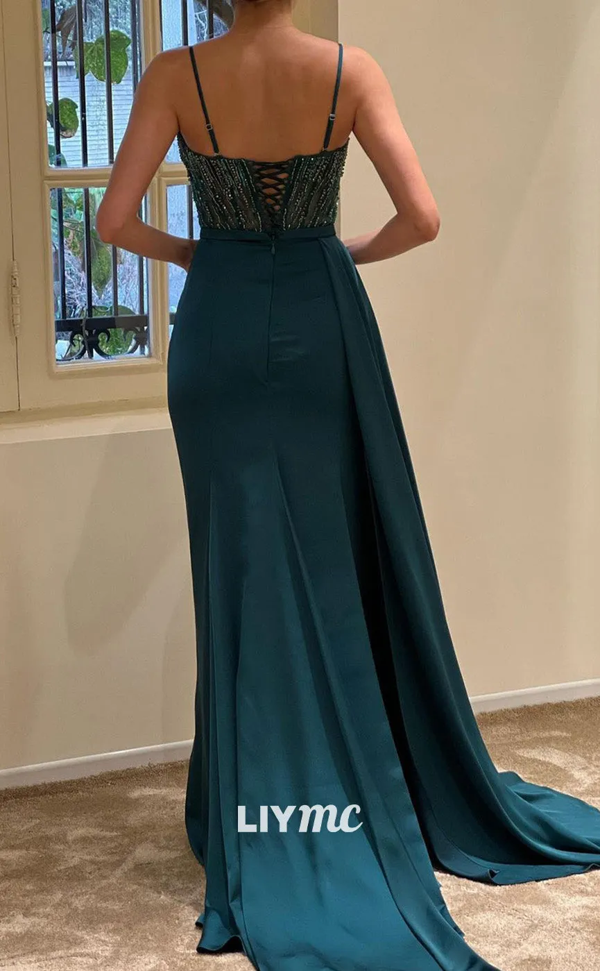 LP1848 - Sweetheart Spaghetti Straps Sleeveless Beaded Pleated Ruched Sleek Satin Prom Dress with Side Slit