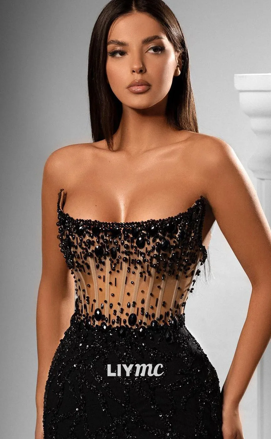 LP2021 - Scoop Strapless Beaded Sleeveless High Slit Mermaid Prom Dress