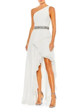 Mac Duggal One Shoulder Asymmetrical Ruffle Dress, White