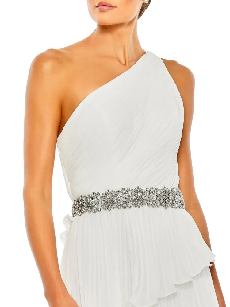 Mac Duggal One Shoulder Asymmetrical Ruffle Dress, White