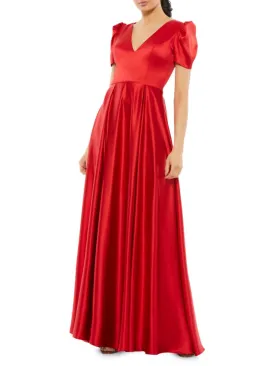 Mac Duggal Satin Puff Sleeve Dress, Red