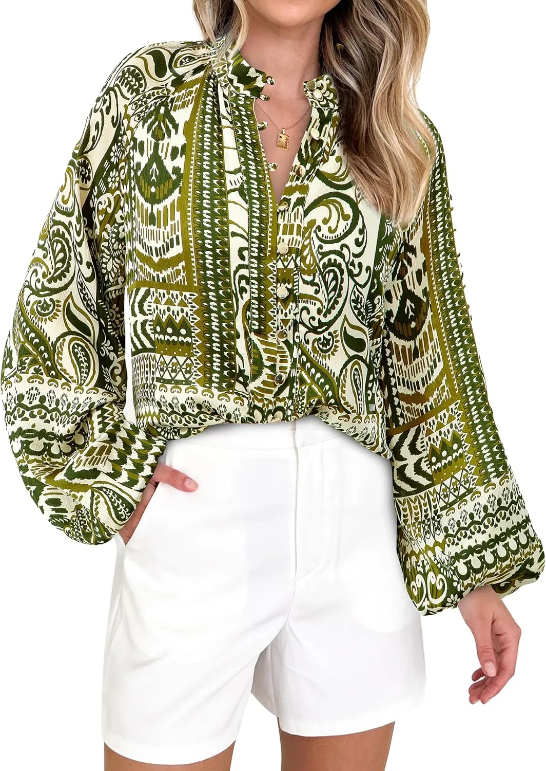 MASCOMODA Womens Boho Floral Print Fall Tops Dressy Casual V Neck Button Down Lantern Long Sleeve Shirts Chiffon Work Blouse