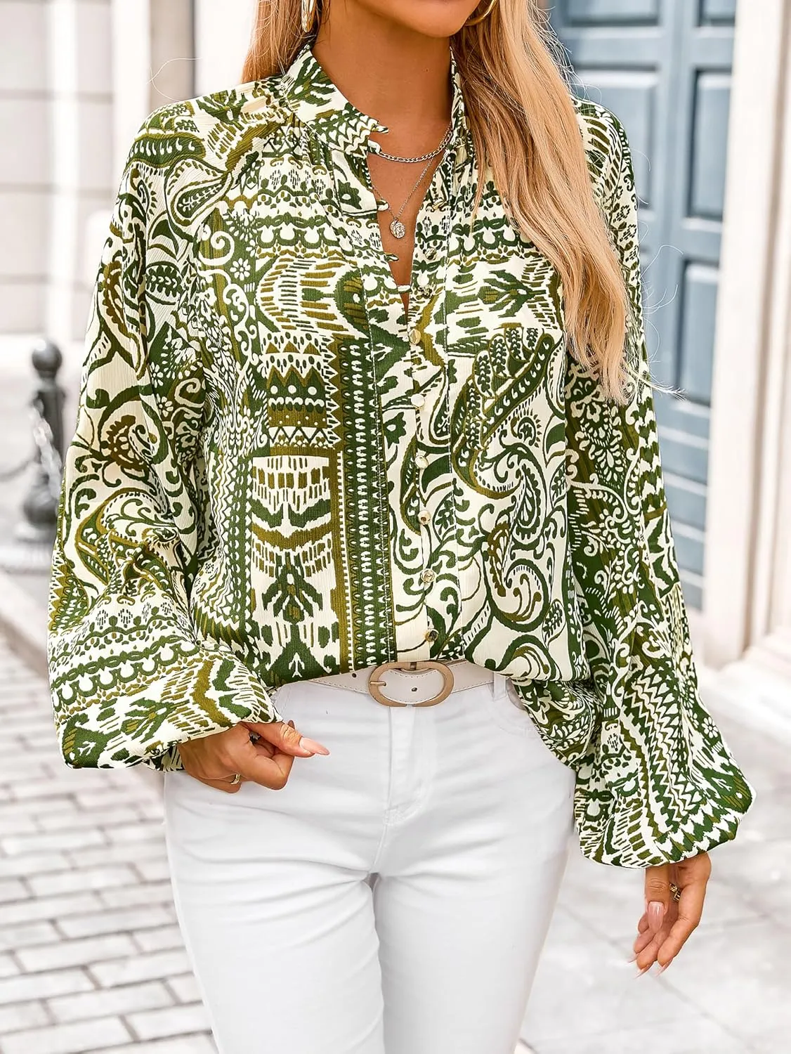 MASCOMODA Womens Boho Floral Print Fall Tops Dressy Casual V Neck Button Down Lantern Long Sleeve Shirts Chiffon Work Blouse