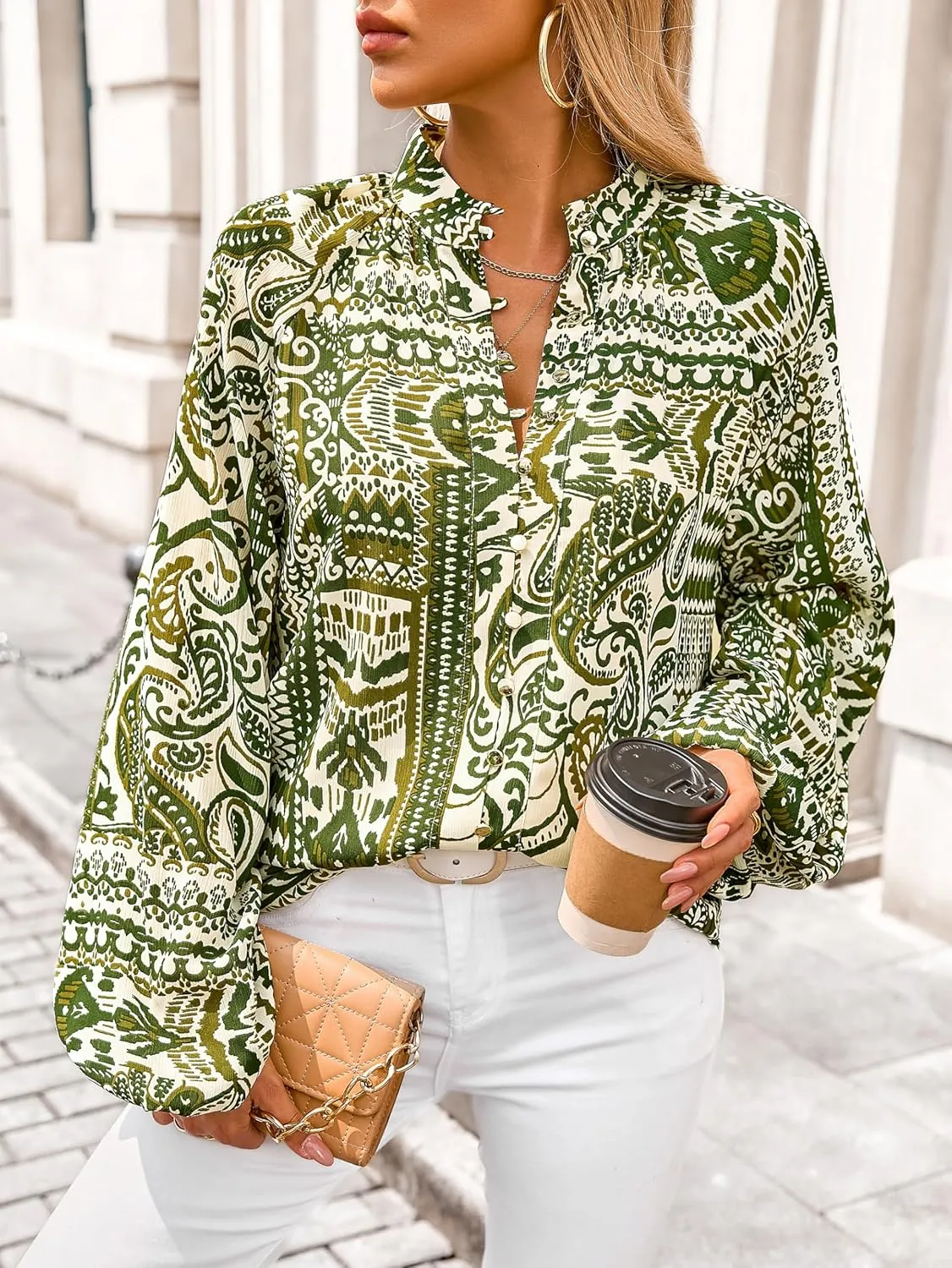 MASCOMODA Womens Boho Floral Print Fall Tops Dressy Casual V Neck Button Down Lantern Long Sleeve Shirts Chiffon Work Blouse