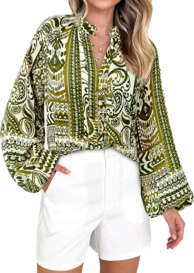 MASCOMODA Womens Boho Floral Print Fall Tops Dressy Casual V Neck Button Down Lantern Long Sleeve Shirts Chiffon Work Blouse