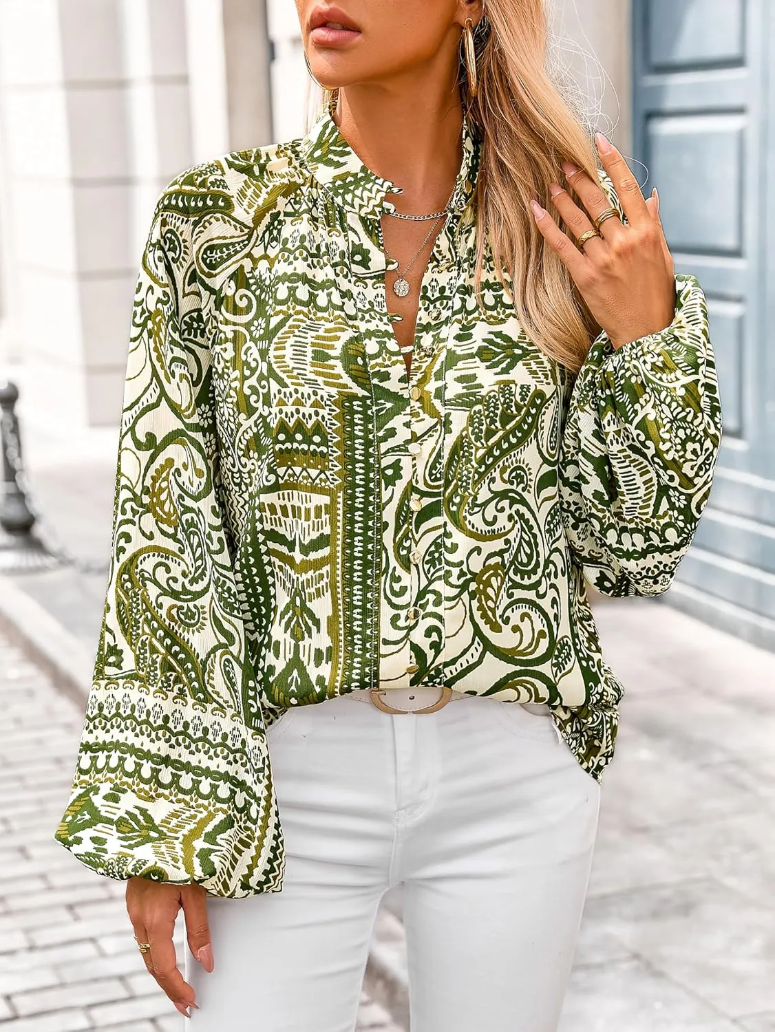 MASCOMODA Womens Boho Floral Print Fall Tops Dressy Casual V Neck Button Down Lantern Long Sleeve Shirts Chiffon Work Blouse