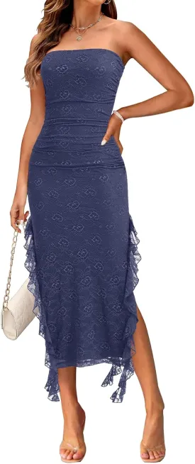 MEROKEETY Women's 2025 Strapless Bodycon Tube Midi Dress Sexy Floral Lace Ruffle Slit Wedding Guest Cocktail Party Dresses