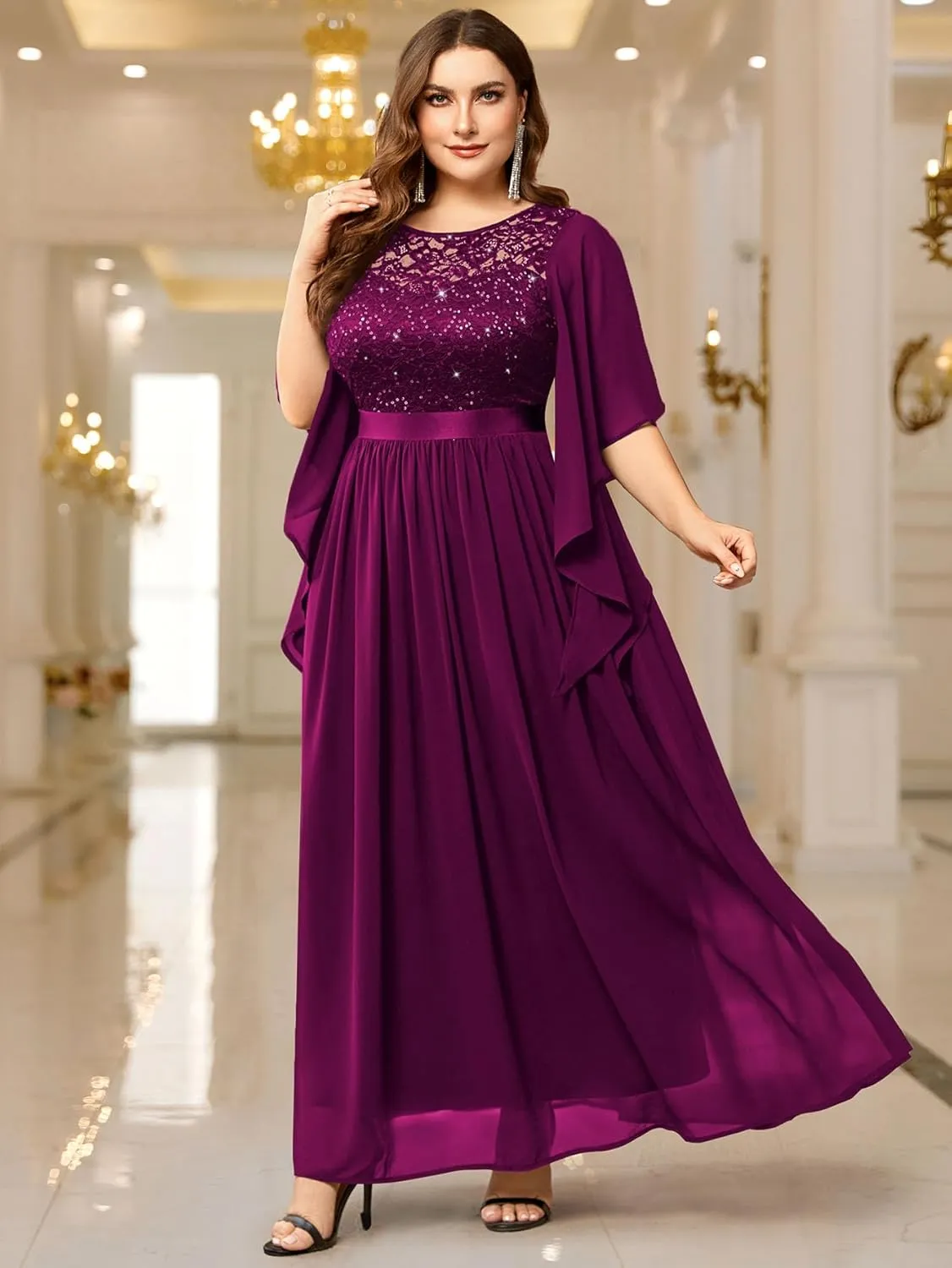 Miusol Women's Plus Size Sequin Lace with Ruffle Cape Cloak Sleeves Elegant Evening Wedding Party Maxi Dress