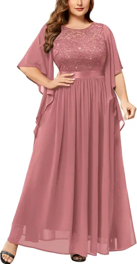 Miusol Women's Plus Size Sequin Lace with Ruffle Cape Cloak Sleeves Elegant Evening Wedding Party Maxi Dress