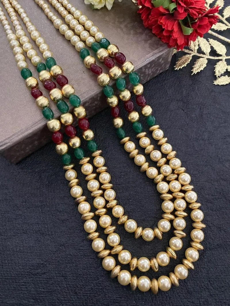 Multilayered Semi Precious Jade Beads And Golden Shell Pearls Necklace For Men And Women