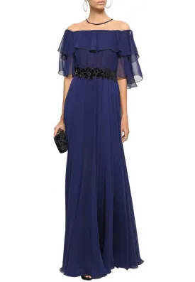 Navy Noemie Cape Chiffon Gown