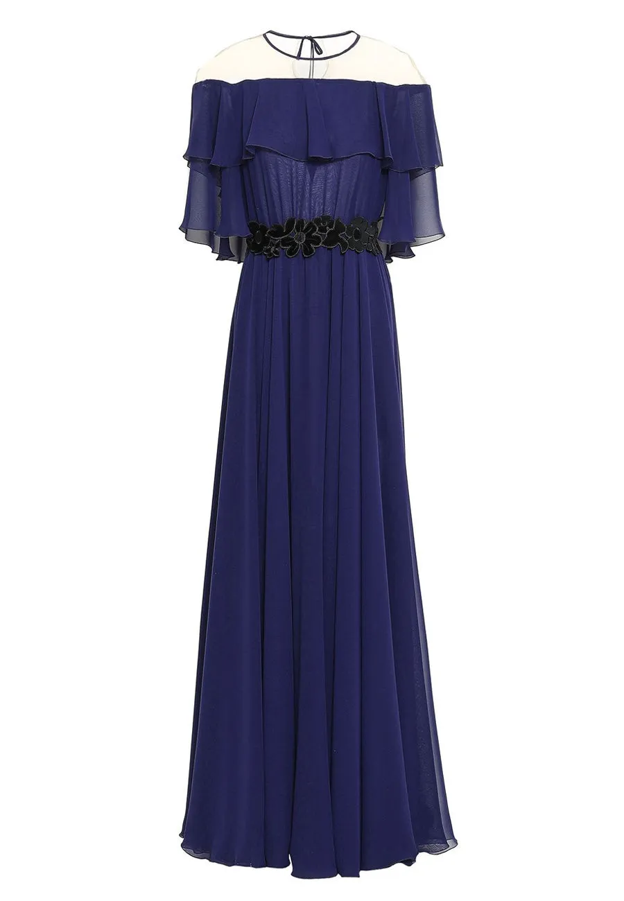 Navy Noemie Cape Chiffon Gown