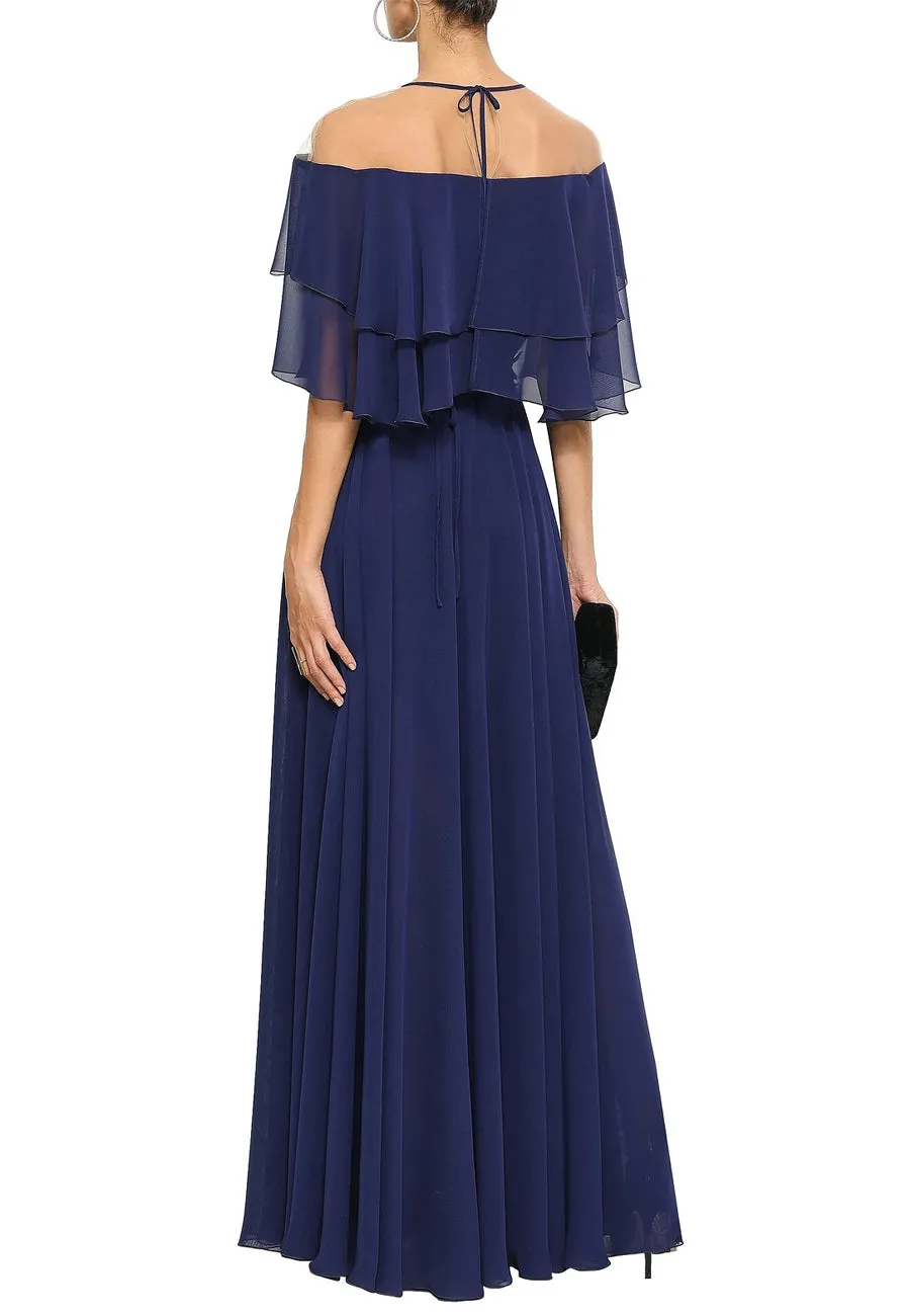 Navy Noemie Cape Chiffon Gown