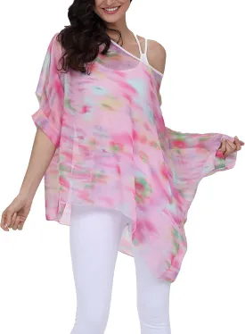 Nicetage Tropical Shirts Sheer Chiffon Blouses for Women Boho Batwing Tops Floral Bat Wing Tunics Plus Size Spring Clothes