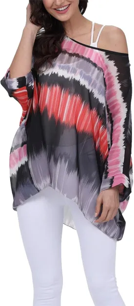 Nicetage Tropical Shirts Sheer Chiffon Blouses for Women Boho Batwing Tops Floral Bat Wing Tunics Plus Size Spring Clothes