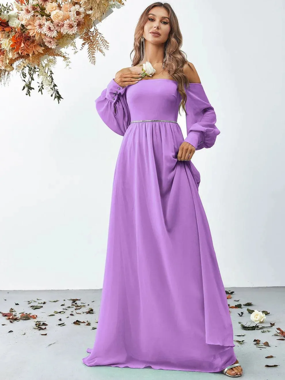 Off Shoulder Bishop Sleeves Chiffon Formal Dress