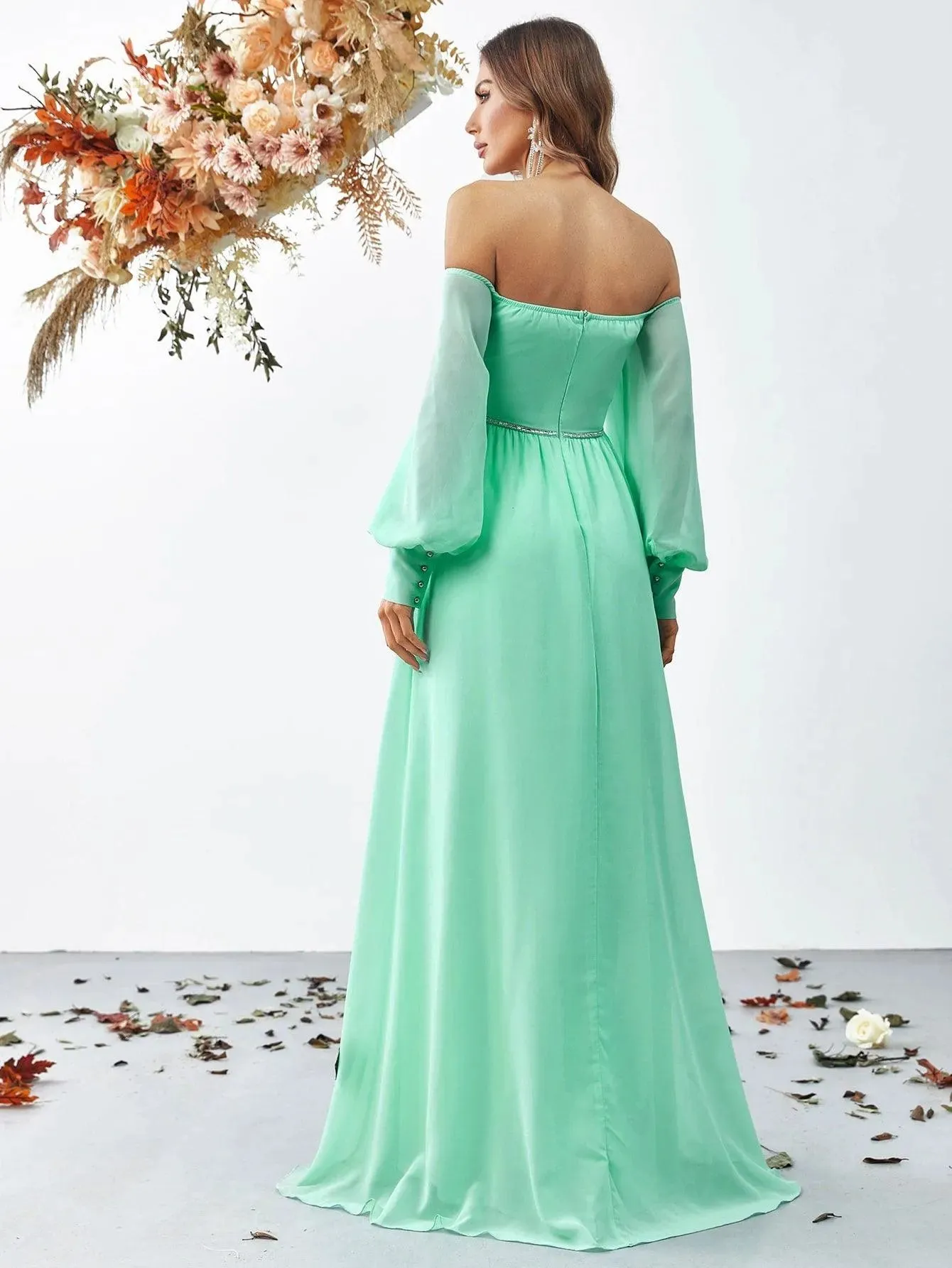 Off Shoulder Bishop Sleeves Chiffon Formal Dress