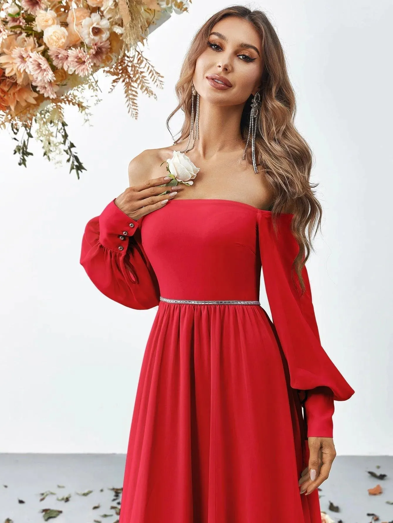 Off Shoulder Bishop Sleeves Chiffon Formal Dress