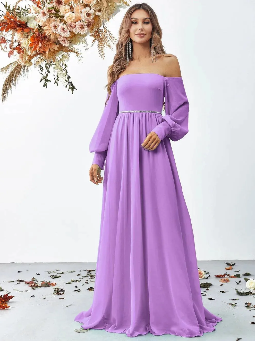 Off Shoulder Bishop Sleeves Chiffon Formal Dress