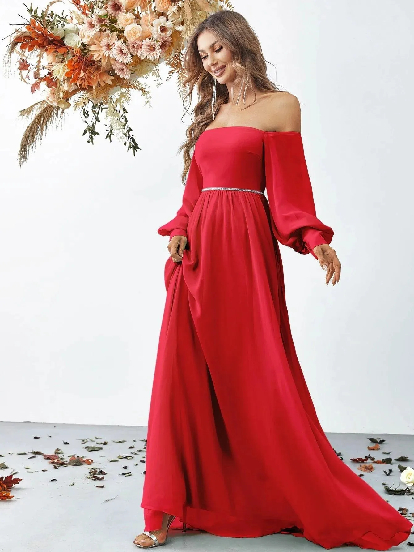 Off Shoulder Bishop Sleeves Chiffon Formal Dress