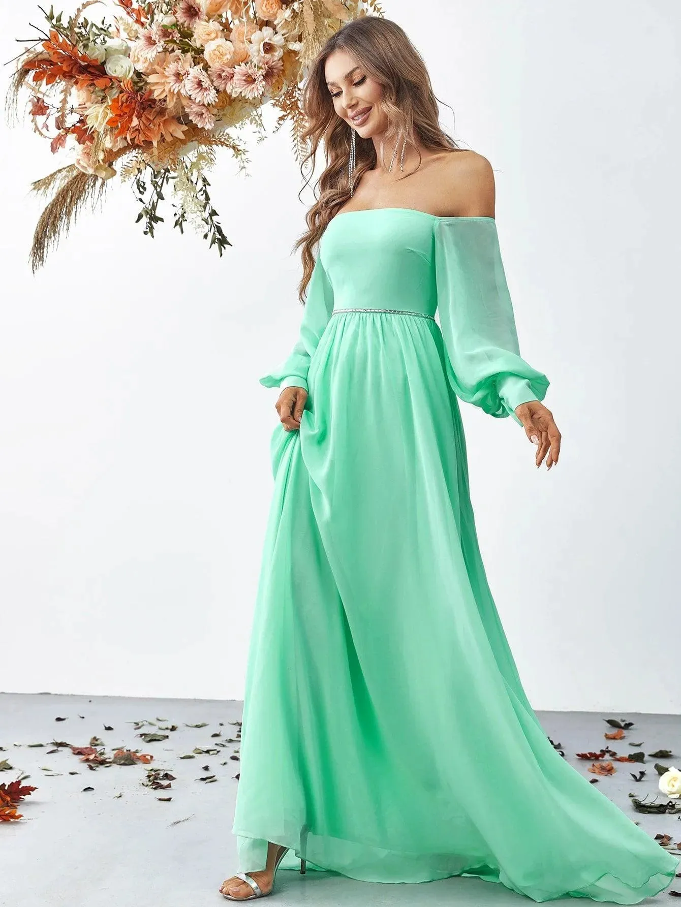 Off Shoulder Bishop Sleeves Chiffon Formal Dress