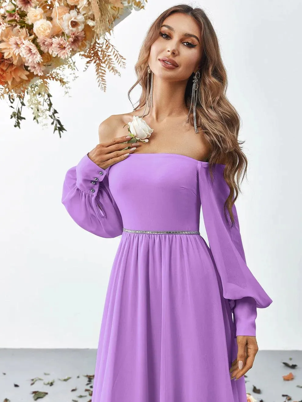 Off Shoulder Bishop Sleeves Chiffon Formal Dress