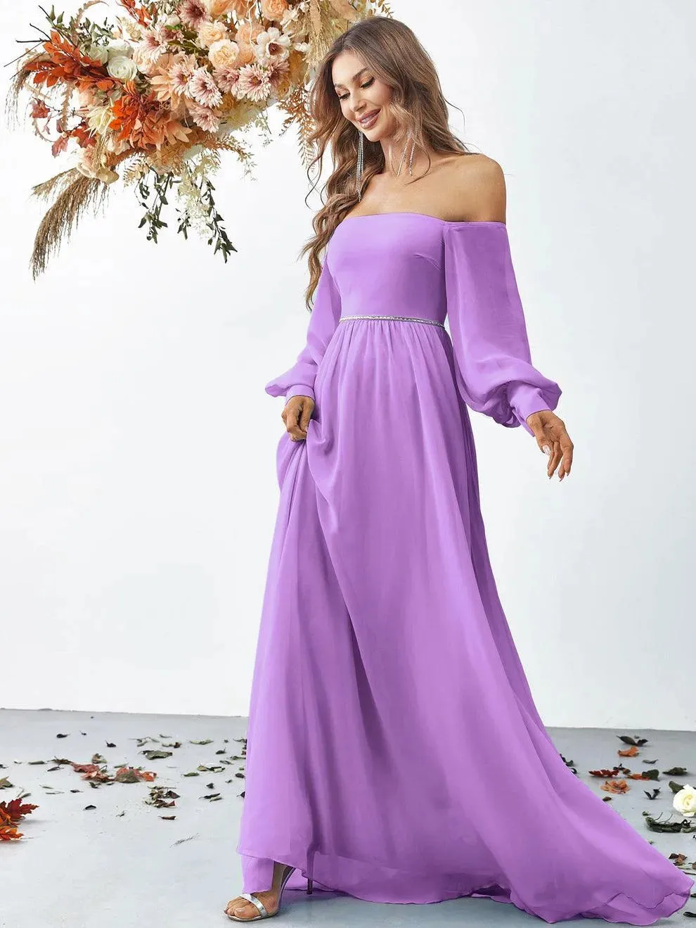 Off Shoulder Bishop Sleeves Chiffon Formal Dress