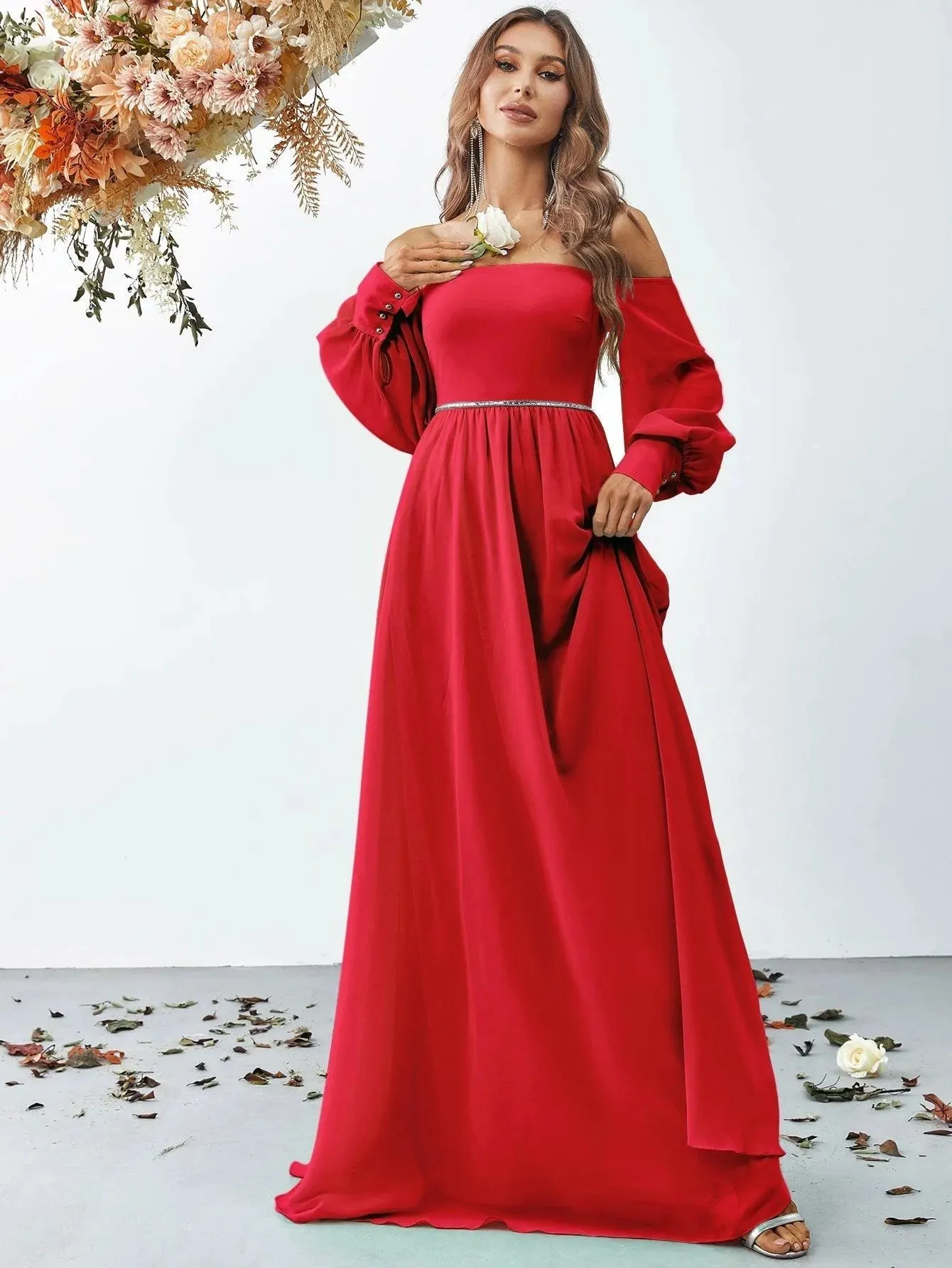Off Shoulder Bishop Sleeves Chiffon Formal Dress