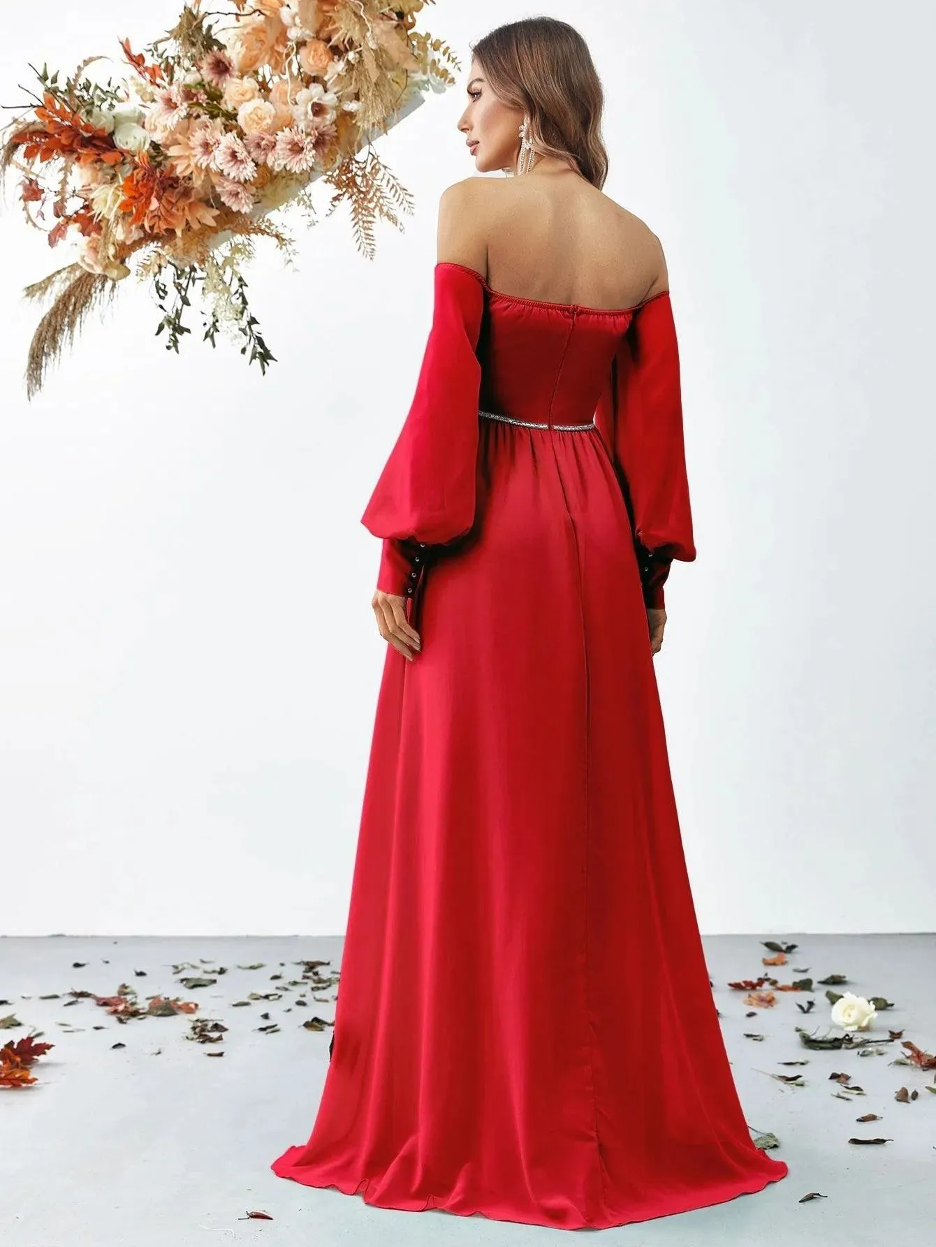 Off Shoulder Bishop Sleeves Chiffon Formal Dress
