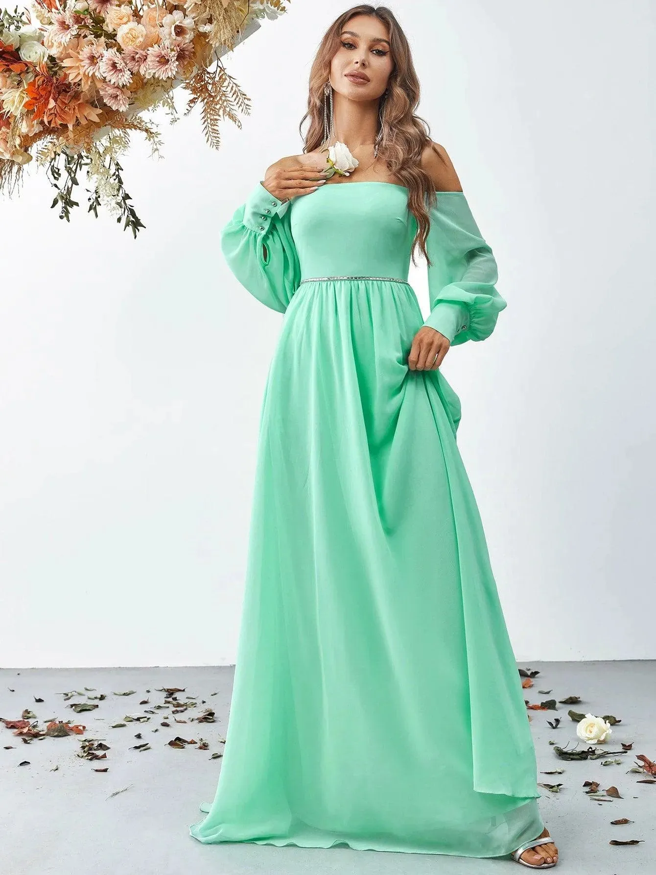 Off Shoulder Bishop Sleeves Chiffon Formal Dress