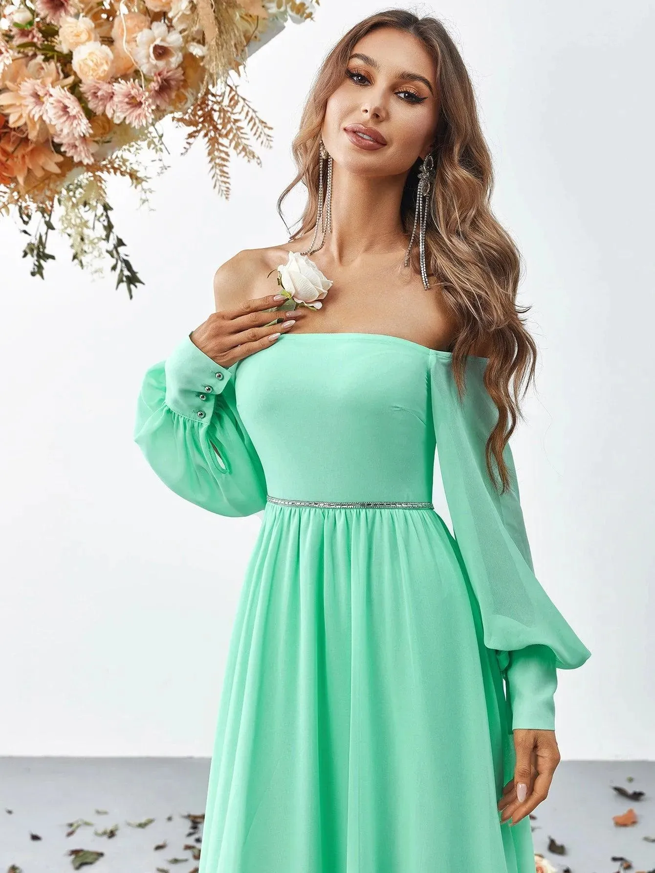 Off Shoulder Bishop Sleeves Chiffon Formal Dress