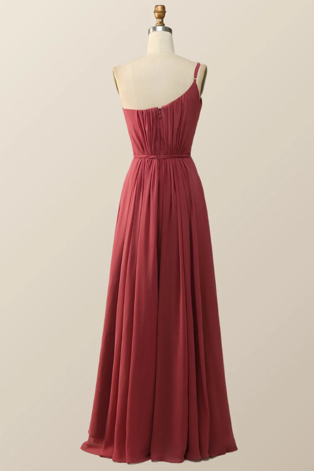 One Shoulder Terracotta Chiffon Long Bridesmaid Dress