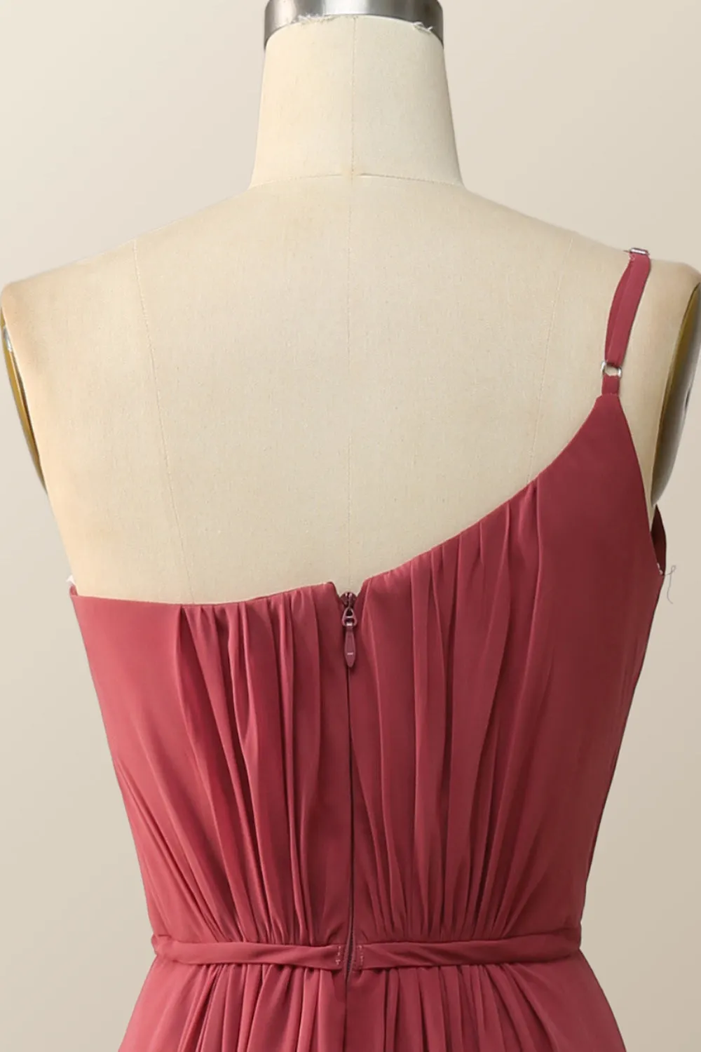 One Shoulder Terracotta Chiffon Long Bridesmaid Dress