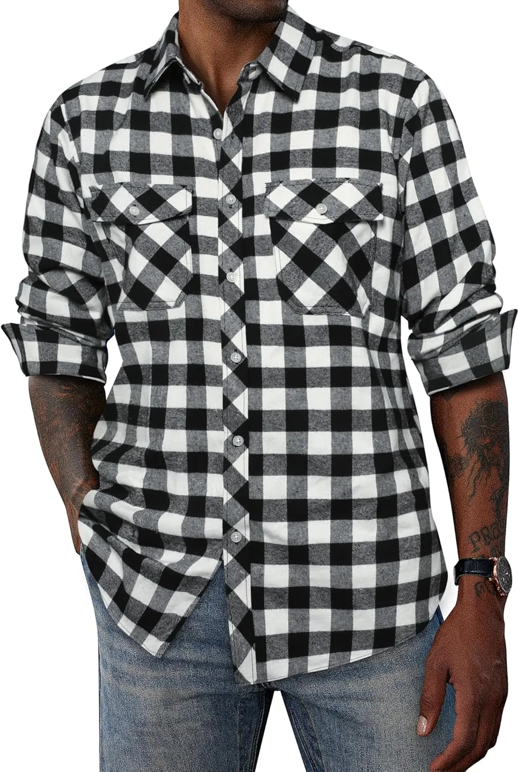 PJ PAUL JONES Mens Flannel Plaid Shirt Casual Long Sleeve Button Down Shirts with Pockets