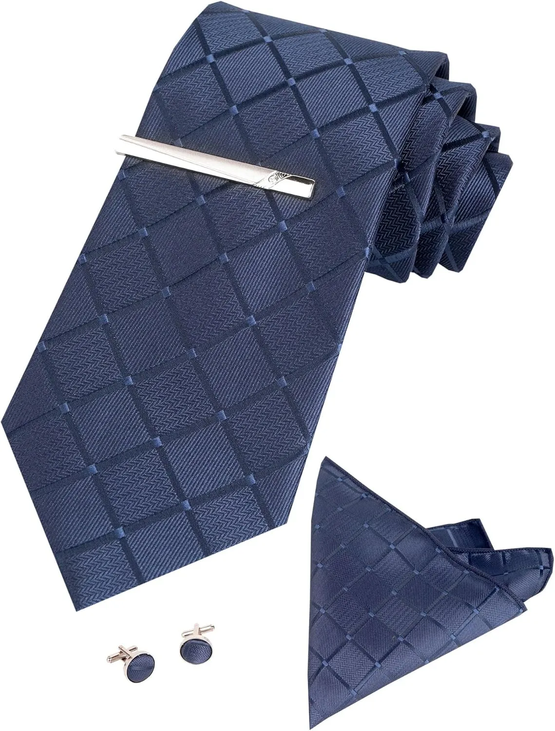 Plaid Men's Tie Silk Necktie and Pocket Square Cufflink Tie Clip Set Checkered