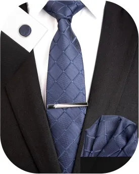Plaid Men's Tie Silk Necktie and Pocket Square Cufflink Tie Clip Set Checkered