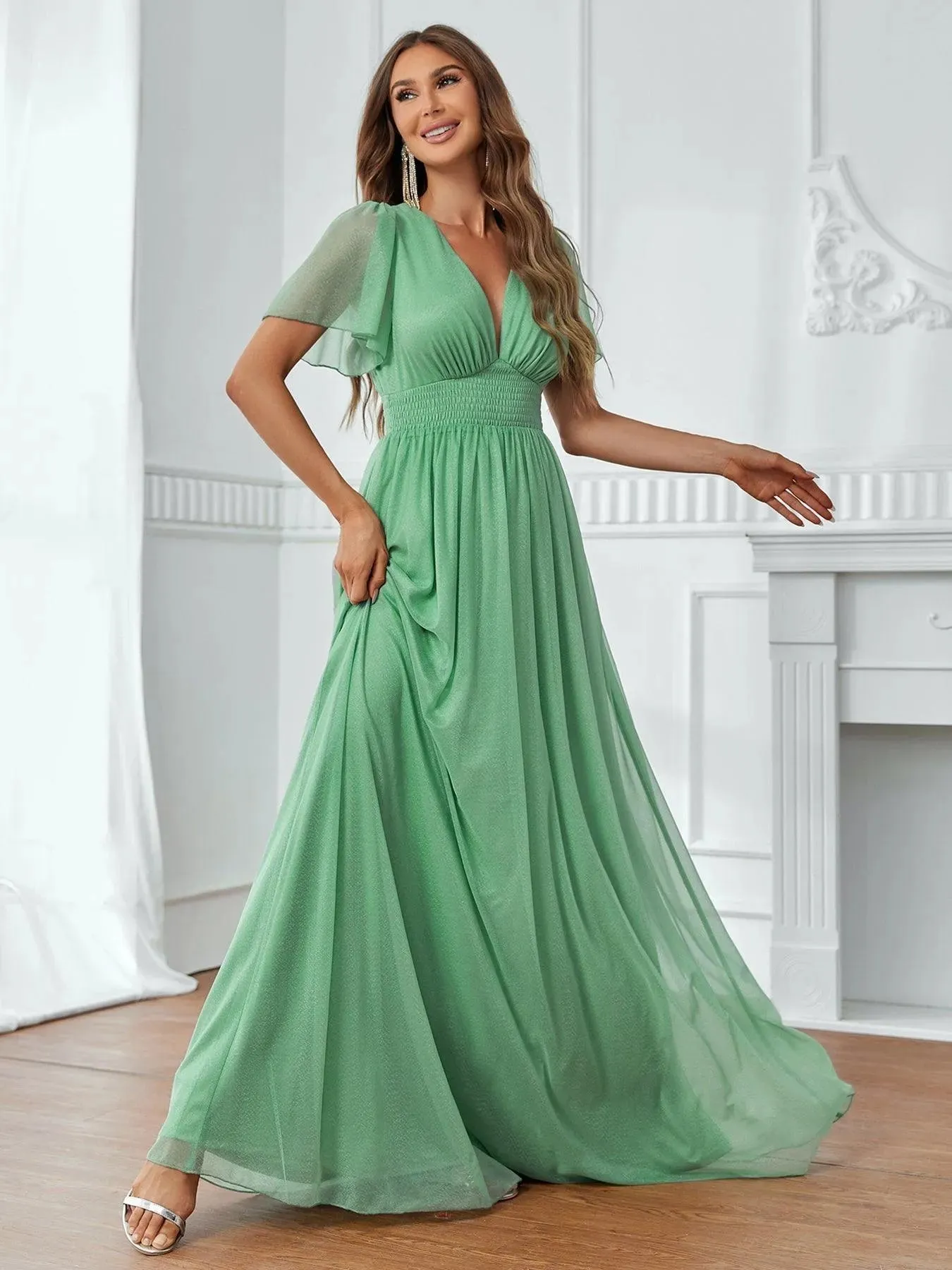 Plunging Neck Shirred Waist Butterfly Sleeve A Line Dress