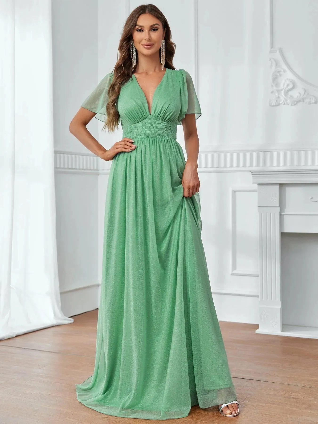 Plunging Neck Shirred Waist Butterfly Sleeve A Line Dress