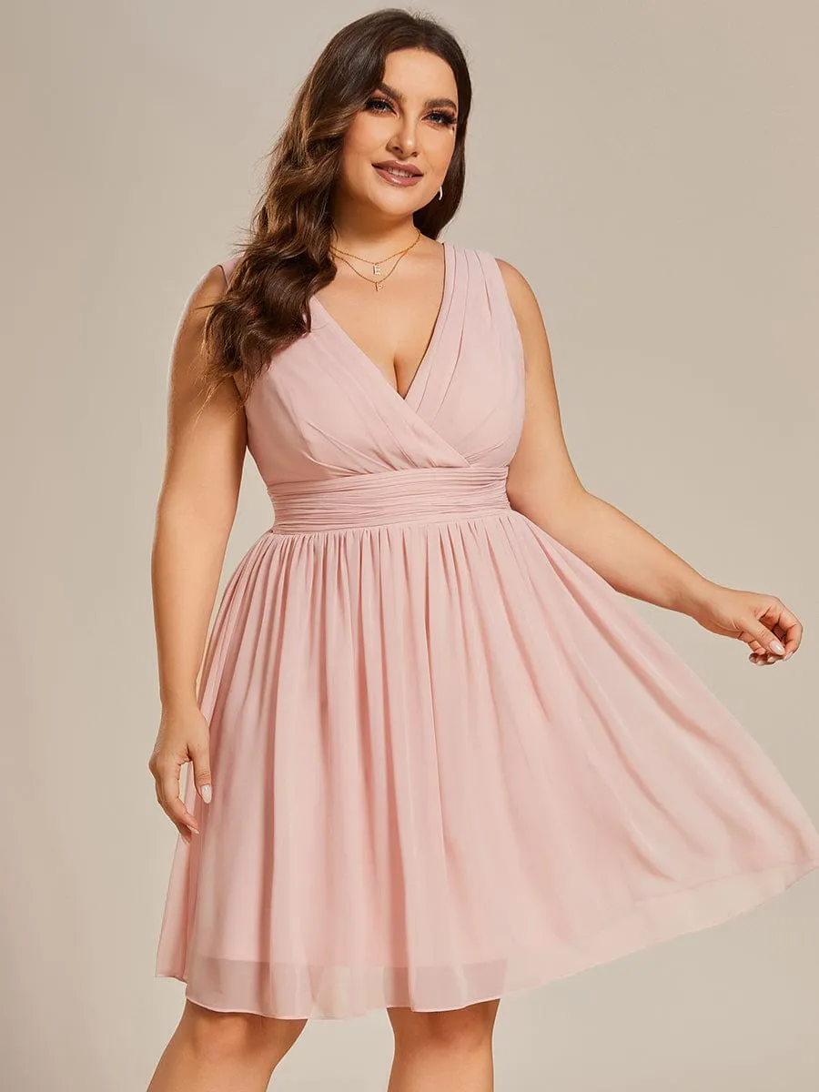 Elegant Plus Size Chiffon Sleeveless V-Neck Short Bridesmaid Dress – Flattering Fit for All Body Types