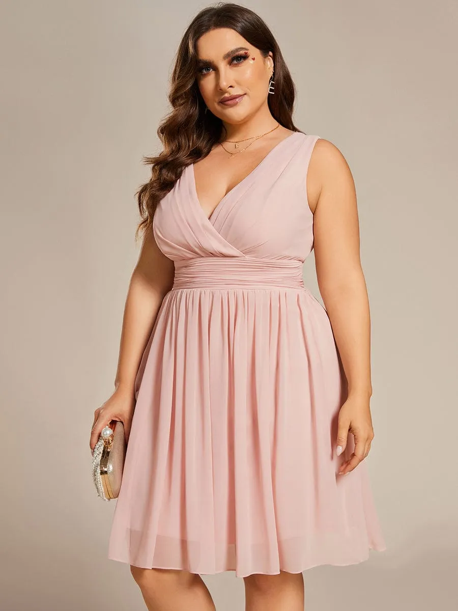 Elegant Plus Size Chiffon Sleeveless V-Neck Short Bridesmaid Dress – Flattering Fit for All Body Types