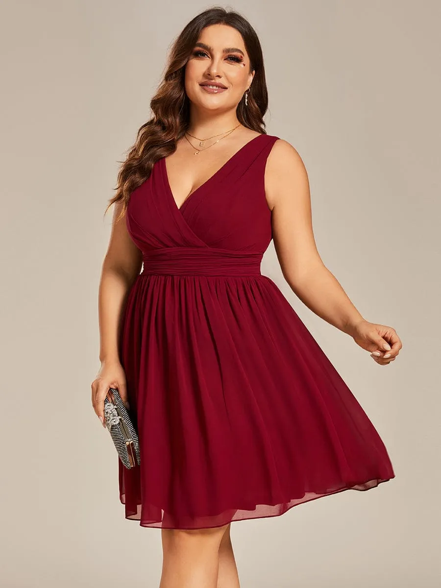 Elegant Plus Size Chiffon Sleeveless V-Neck Short Bridesmaid Dress – Flattering Fit for All Body Types