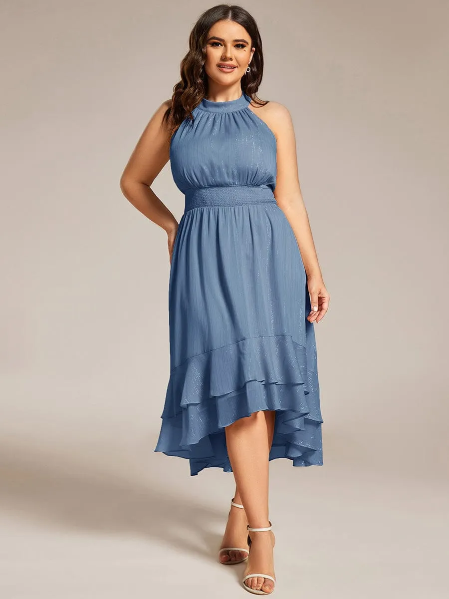 Plus Size Glittery Sleeveless Halter Neck Midi Wedding Guest Dress