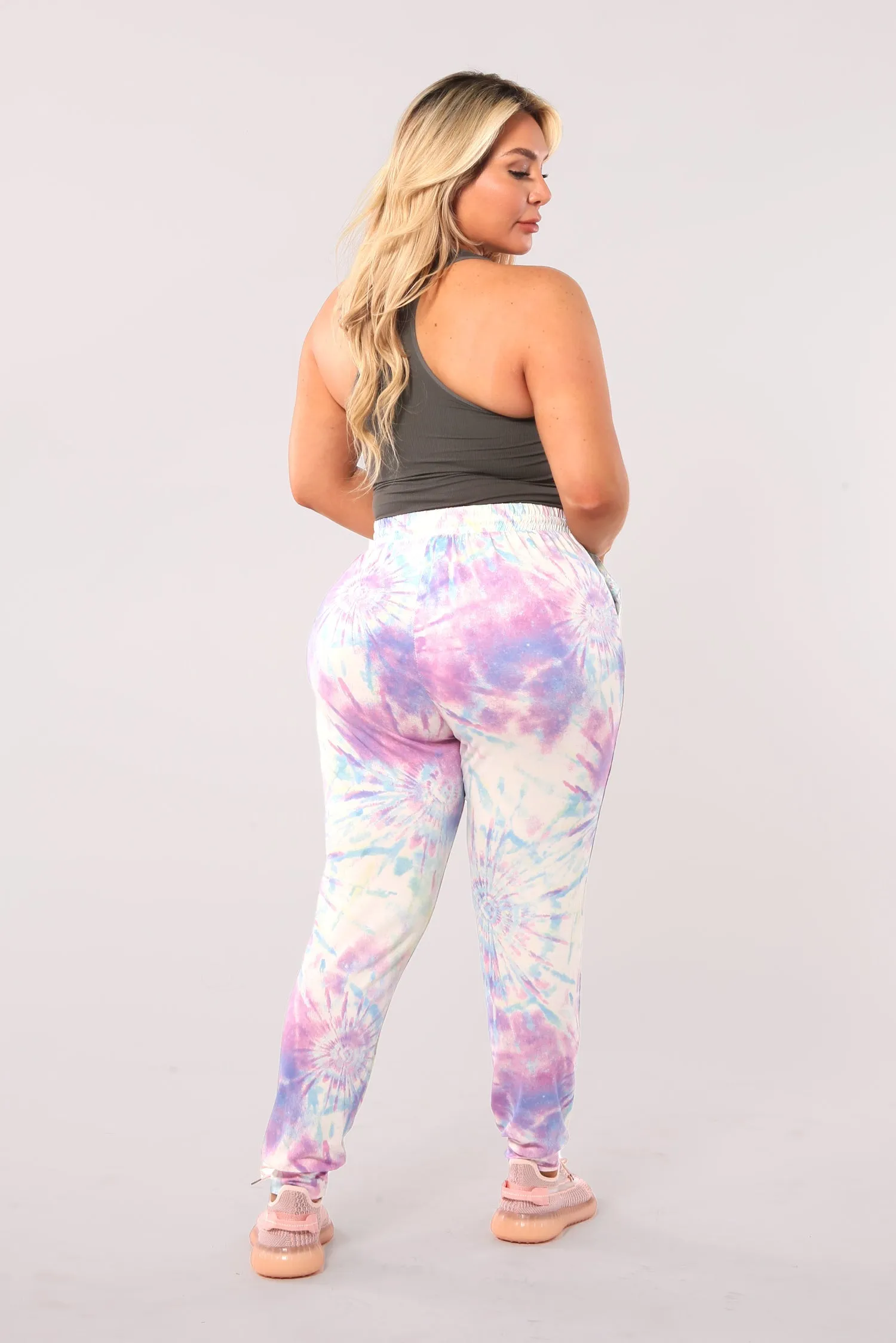 Plus Size Soft Brushed Joggers With Shoe Lace Tie - White, Pink, Blue Tie Dye