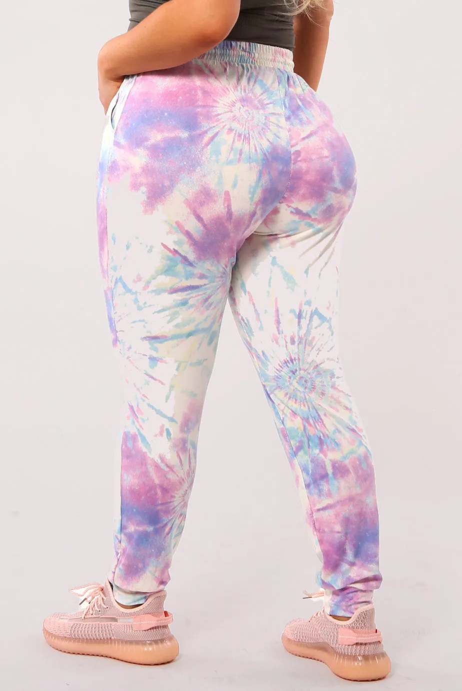 Plus Size Soft Brushed Joggers With Shoe Lace Tie - White, Pink, Blue Tie Dye