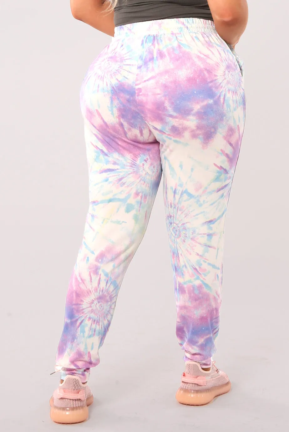 Plus Size Soft Brushed Joggers With Shoe Lace Tie - White, Pink, Blue Tie Dye