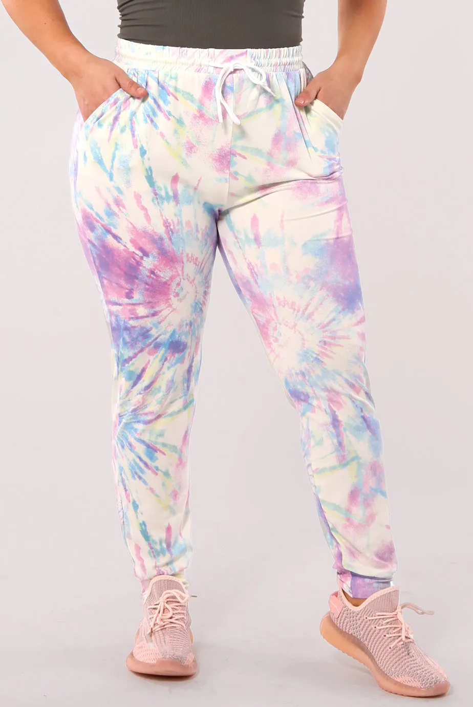 Plus Size Soft Brushed Joggers With Shoe Lace Tie - White, Pink, Blue Tie Dye